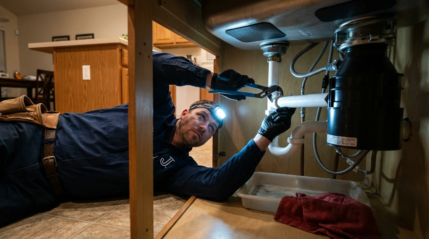 P-trap and supply line connections under a kitchen sink showing a common leak point in Cana, VA